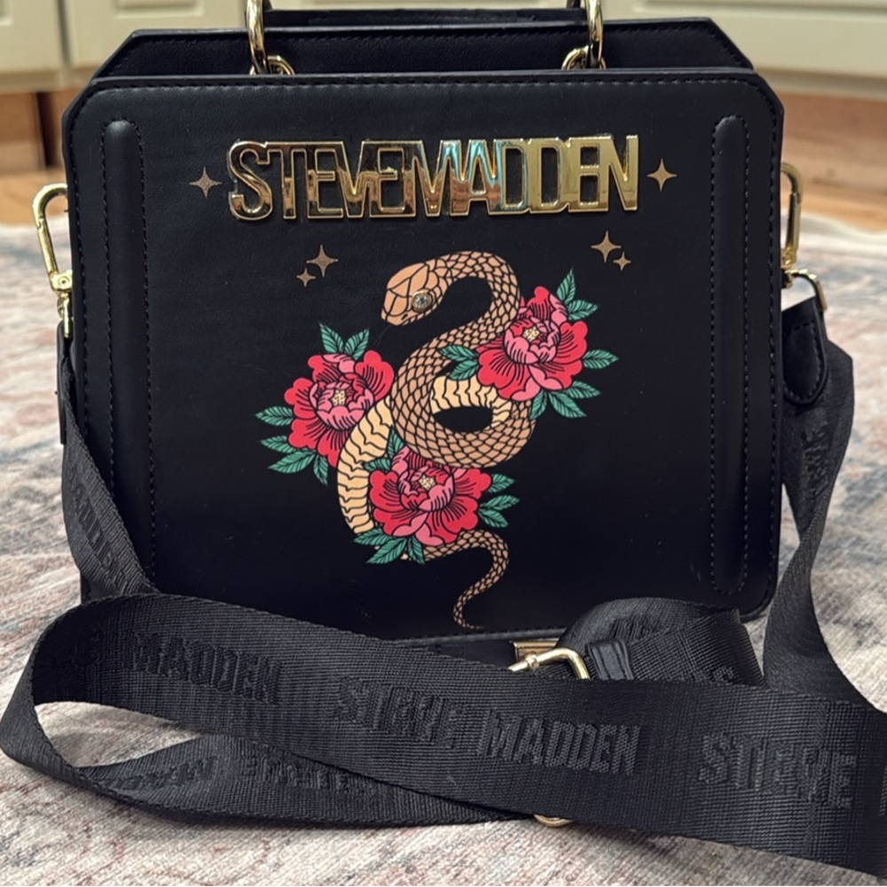Steve Madden Black Crossbody Bag with Snake and Floral Design
